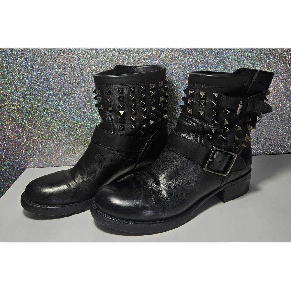 Valentino Rockstud Noir Black Leather Studded Moto Ankle Boots‎ Booties 37.5 / 7 - Picture 2 of 7